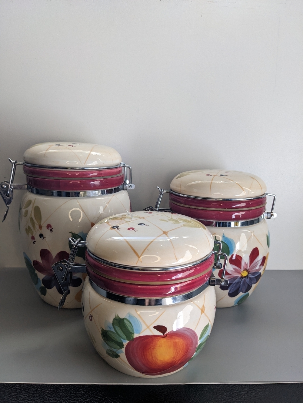 Heritage Mint Fresh Fruit Ceramic Canister Set 3 Airtight Kitchen Storage Vintag